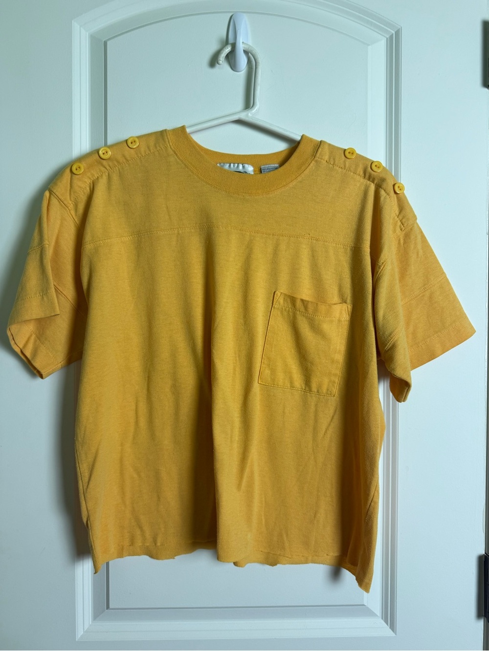 Relaxed Yellow Crewneck Blouse with Shoulder Button Detail